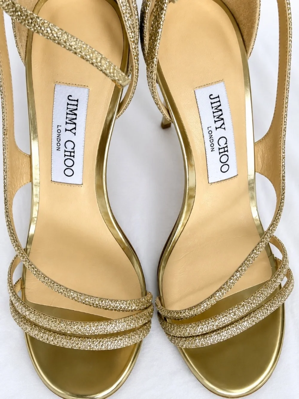 Jimmy Choo Valez Gold Glitter Strappy Sandal Heels Size 38